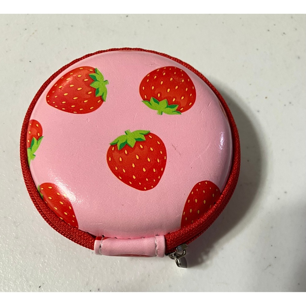 Mini Round Hardshell Case OS Pink Red Strawberry Print Ear Buds‎ Case